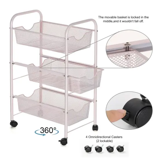3-Tier Rolling Metal Storage Basket Cart – Mesh Utility Organizer with Wheels, Kitchen & Pantry Fruit Vegetable Rack, Bathroom & Office Storage {3}