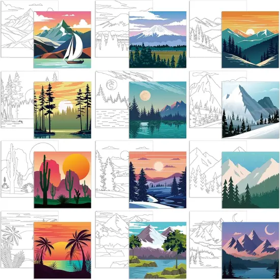 12 Pcs Pre Drawn Canvas to Paint - 7.9" X 7.9" (Landscapes) {1}