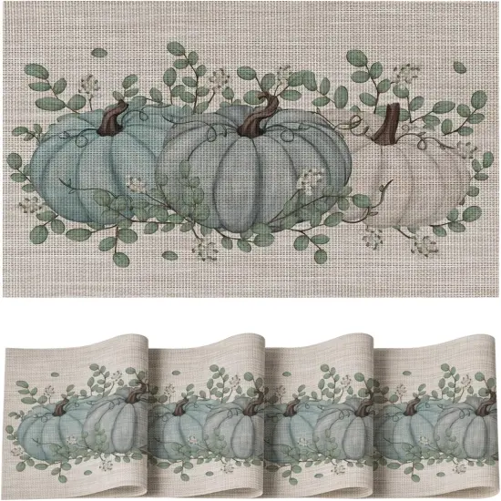 Set of 4 Pumpkin Leaves Fall Vinyl Placemats - 12" x 18" (Blue) {2}