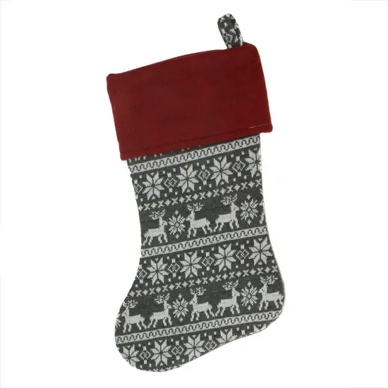 Northlight 19" Festive Grey, White and Red Snowflakes & Reindeer Knit Christmas Stocking {4}