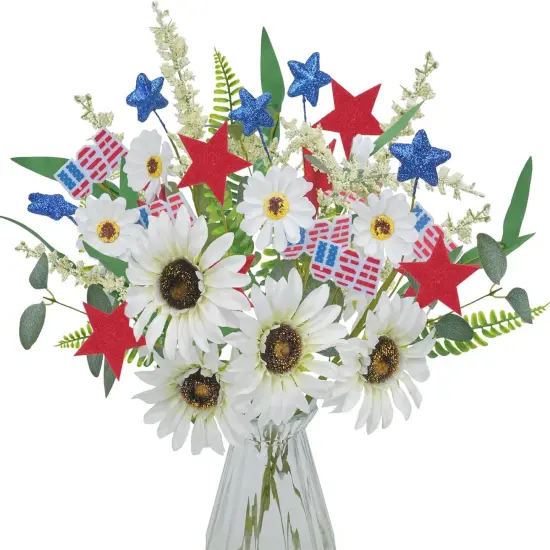 6pcs Silk Wildflower Picks for 4th of July Decorations Artificial Daisy Flowers with Blue & Red Stars Patriotic Decorations {1}