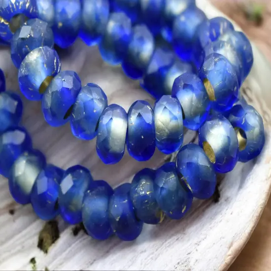 *25* 5x8mm Gold Lined Matte Sapphire Faceted Large Hole Rondelle Roller Beads {5}