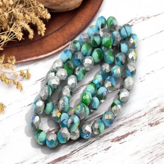 *20* 8mm Etched Silver AB Washed Blended Pacific Blue Turquoise Fire Polished Round Beads {4}