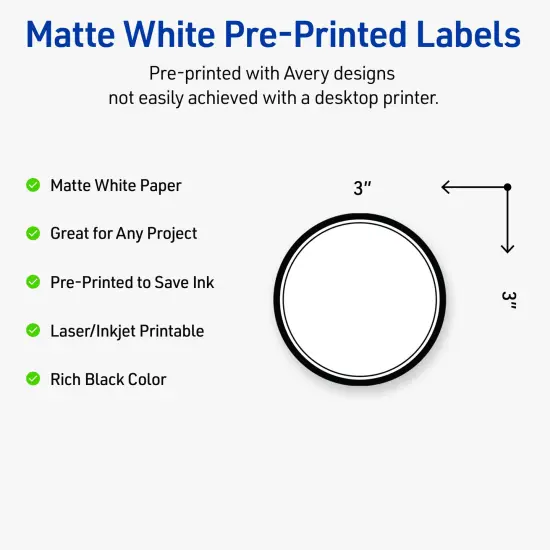Avery Printable Round Labels, Double Black Border, 3" Diameter, Matte White Round Labels, Permanent, Laser/Inkjet, 60ct, Great for Product Labels {2}
