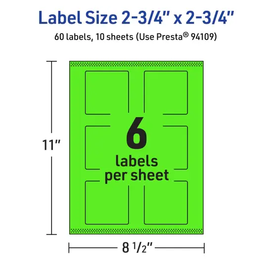Avery Neon Green Paper Labels, 2.75" x 2.75" Square {5}