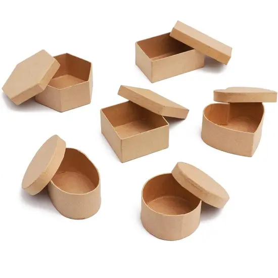 6 Pack Mini Paper Mache Gift Boxes with Lids for DIY Craft, Storage (6 Shapes, Kraft Brown Color) {4}