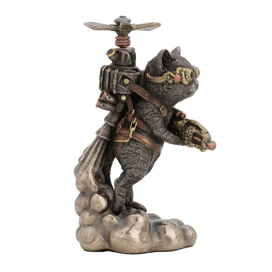 Veronese Design 5 1/2 Inch Tall Steampunk Cat Propeller Bronzed Resin Statue {3}