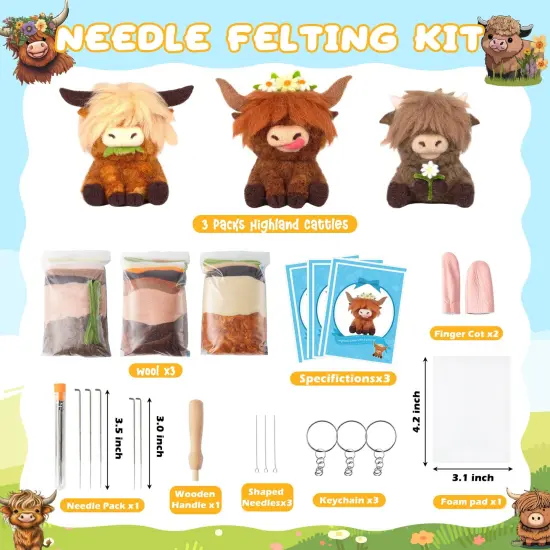 Highland Cow Needle Felting Kit - Set of 3 Different Highland Cow Doll Wool Felt Needle Felting Tools Foam Pad, DIY Home Decoration Needle Felting Craft Party Supplies for Beginners {6}