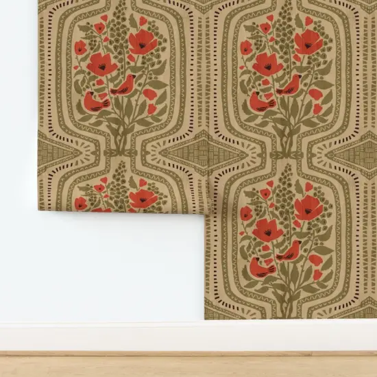 Peel & Stick Wallpaper 2FT Wide Retro Boho Floral Maximalist Large Scale Red Poppies Scarlet Tanager Songbird Warm Bohemian Eclectic Olive Green Custom Removable Wallpaper by Spoonflower {2}