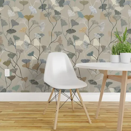Peel & Stick Wallpaper 2FT Wide Neutral Calm Ginkgo Boho Leaves Earth Tones Serene Tan Vines Scandi Nature Japandi Custom Removable Wallpaper by Spoonflower {1}