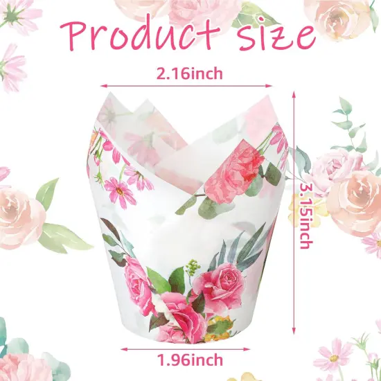 200 Pieces Pink Flower Tulip Cupcake Wrappers Liners Tulip for Baking Flower Liners Mini Cupcake Baking Rustic Birthday Party Decoration for Bridal Shower Wedding Festival Party {6}