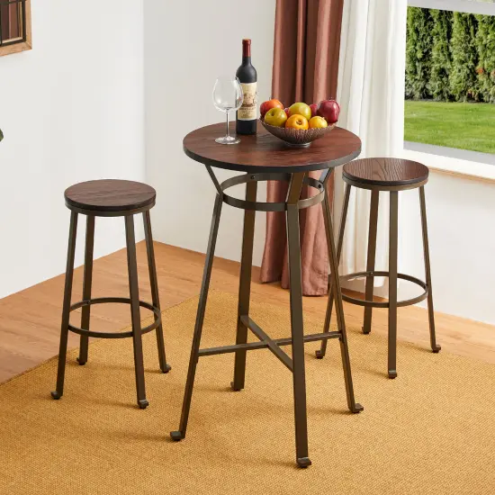 Set of 3 Steel Bar Table and Bar Stool Pub Set (1 Table+2 Stools) Brown {2}
