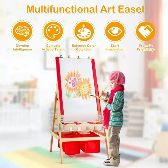 Kids Art Stand Wood Whiteboard Chalkboard w/ Paper Roll &Full Set of Accessories {5}