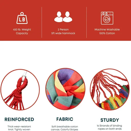 4E&rsquo;s Novelty Cotton Double Hammock - Portable Hammock with Ropes, Travel Bag, Max 450lb, Hammocks for Outside {3}