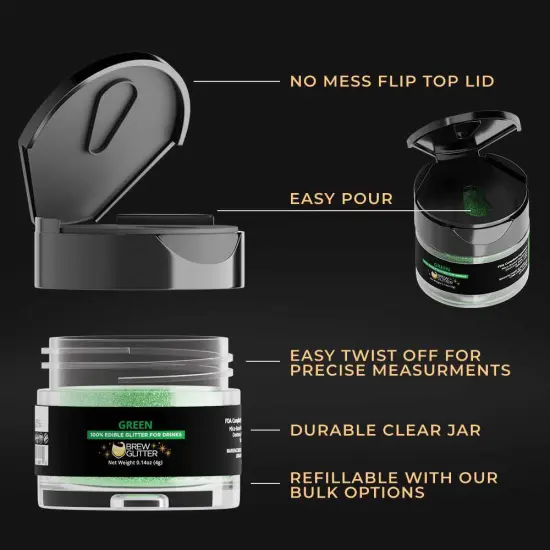 Brew Glitter - Green Edible Drink Glitter (4g, x1 Flip-Cap Jar) for Beer, Cocktails and Beverages {5}