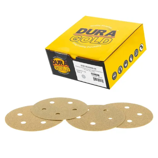 80 Grit - 5" Gold DA Sanding Discs - 5-Hole Pattern Hook and Loop - Box of 50 {1}