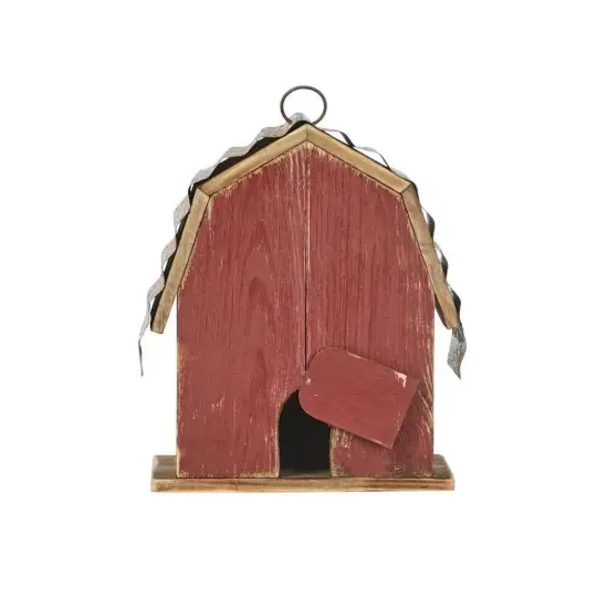 Red Barn Wood Metal Hanging Birdhouse with Distressed Finish and Rustic Roof {4}