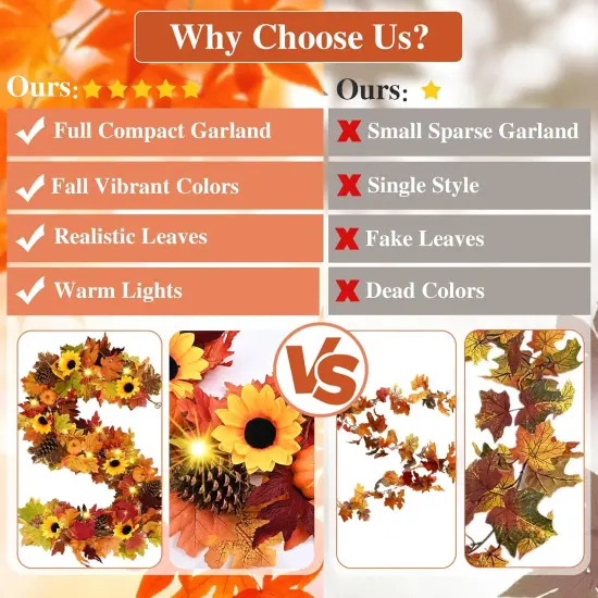 2 Pack Fall Garland with Lights - Sunflower Autumn Leaves Garland {3}