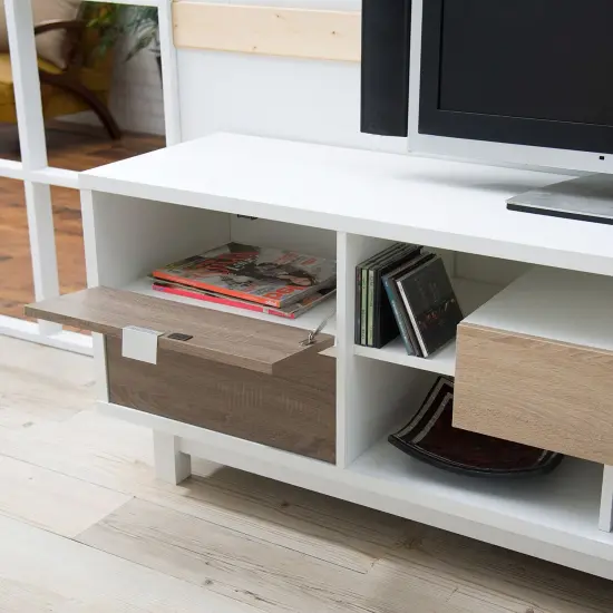 Modern 70-Inch White TV Stand with Natural Wood Shelves & Storage {4}
