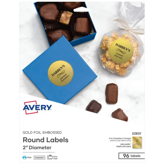 Avery Printable Embossed Foil Round Labels, 2" Diameter, Gold, 96 Customizable Labels (22831) {1}