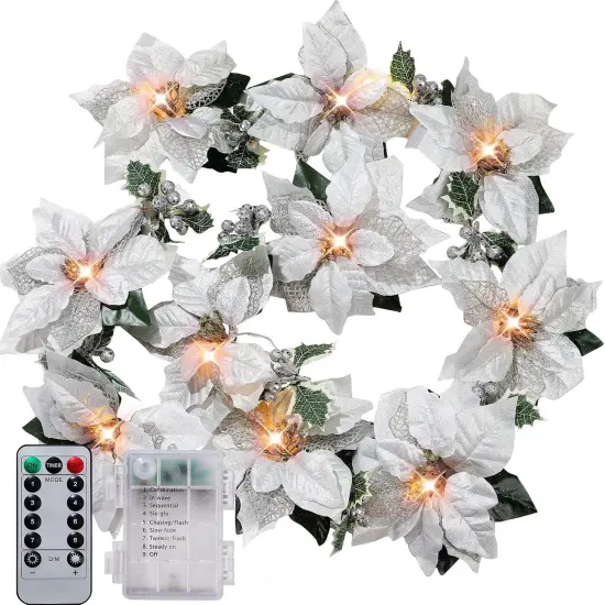 2 Pcs Prelit Poinsettia Winter Christmas Garland with String Lights {1}