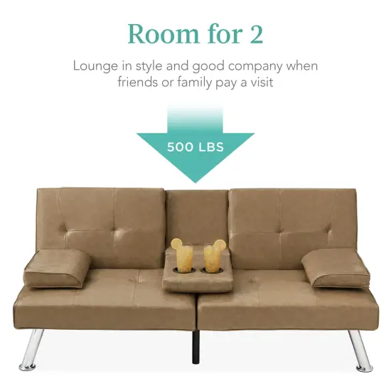 Best Choice Products Modern Faux Leather Convertible Futon Sofa w/ Removable Armrests, 2 Cupholders Taupe {3}