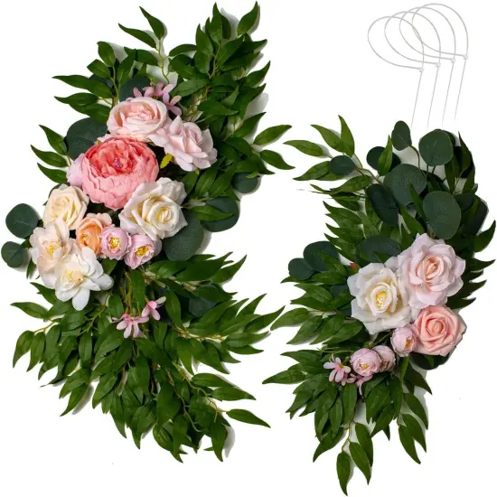 2 PCS - Dust Rose Flowers Silk Peony Floral Swag Welcome Sign(Pink) {1}
