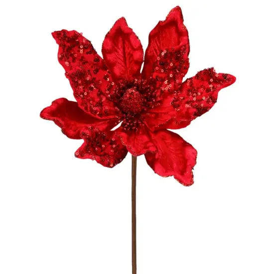 24" Red Velvet Sheen Sequin Magnolia Stem - Elegant Christmas Floral Decoration {1}