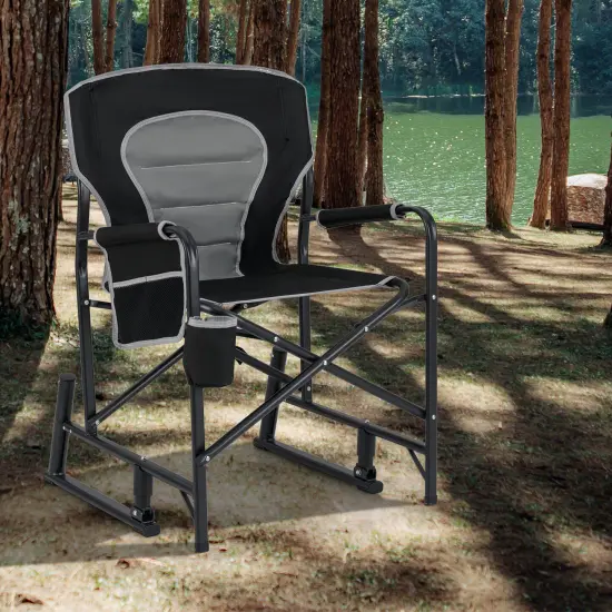 Oxford Rocking Camping Chair with Cup Holder and Storage Pocket Black {3}