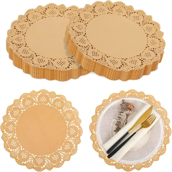600 Pcs Round Paper Placemats Disposable 12 Inch Kraft Paper Doilies for Dinner Plates Charger Plates Place Mats for Cakes Desserts Food Event Weddings Party Decor(Brown) {1}