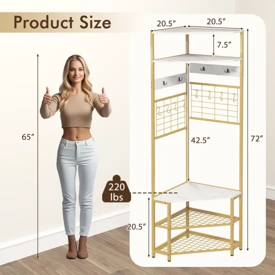 5-Tier Corner Hall Tree with Shoe Storage Bench White {5}