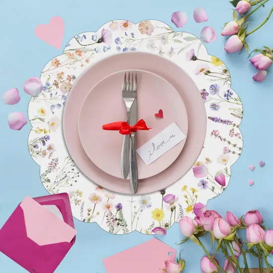 50 Pcs Spring Floral Paper Place Mats, Butterfly Disposable Place Mats, 13.5 inch Scalloped Disposable Placemats Round Placemats for Table Paper Decoration for Birthday Wedding Banquet Party {3}