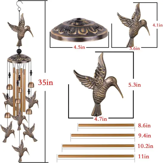 Bronze Hummingbird Wind Chimes - Outdoor/Indoor Decoration, Gift for Women, Home, Garden {4}