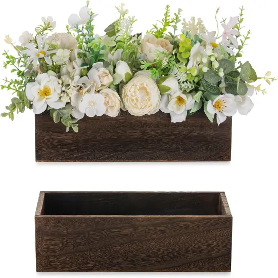 Wooden Box Centerpiece for Table: 2 Pcs 11.8" Long Wood Rectangle Planters - Farmhouse Flower Vase for Wedding Dining Living Room Window Mantel Table Decor {1}