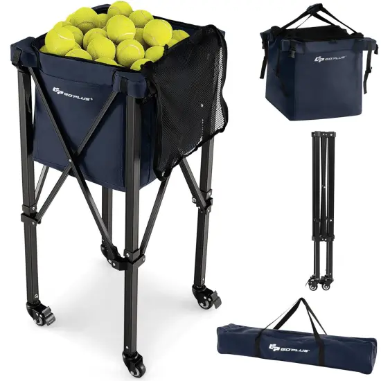 Foldable Lightweight Tennis Ball Teaching Cart with Removable Bag and Lockable Wheels Blue {4}