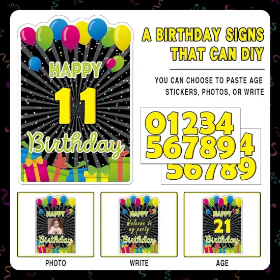 Happy Birthday Yard Signs with Stakes - 2 x LED Lights and Personalized Signs with 20 Number Stickers - 16" Large Birthday Yard Signs Colourful Outdoor Lawn Decorations, REUSABLE, WEATHERPROOF {3}
