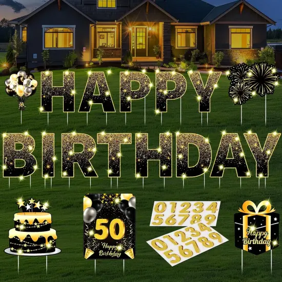 18 Pcs Happy Birthday Yard Signs with Stakes 2 x 5 M LED Lights Personalized Age Name Sign with 20 Number Stickers 14 Inch for Yard Lawn Garden Outdoor Decoration Party Supplies (Black Gold) {1}
