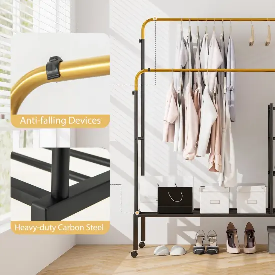 Adjustable Double Rod Clothes Drying Rack with 3-Tier Mesh Shelf Heavy Duty Steel Frame Golden {3}