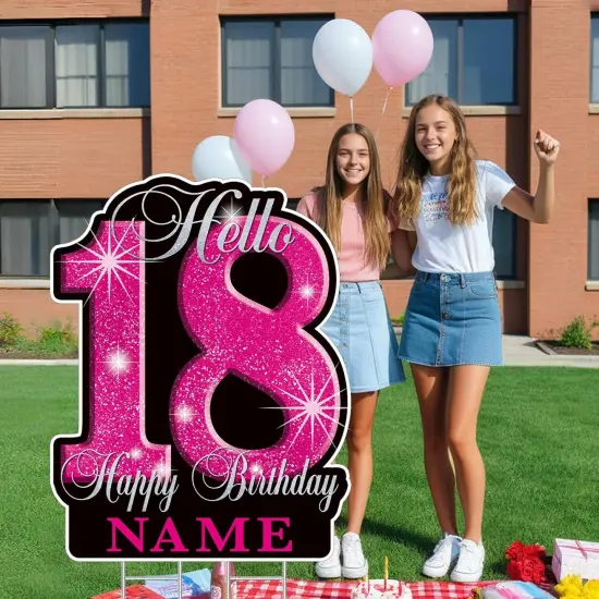 18th Birthday Decorations for girls &ndash; 35" Happy 18 Birthday Yard Sign, Personalized with Custom Name, Glitter Waterproof Lawn Decor & Stakes for Outdoor Party {1}