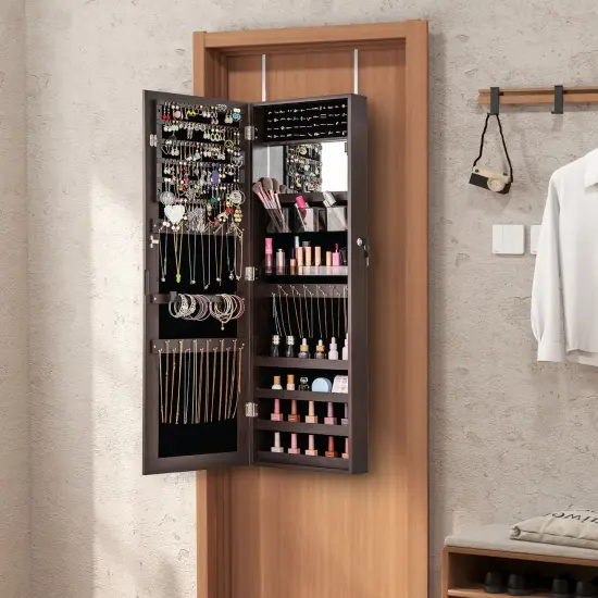 43.5 Inch Jewelry Mirror Cabinet with Full-length Mirror and Adjustable Hangers Dark Brown {3}