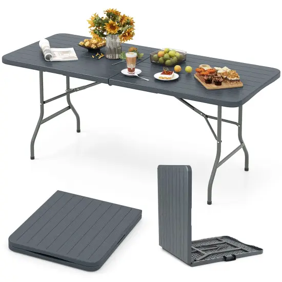 6 Feet Wood Grain HDPE Folding Table with Safety Lock and Metal Legs Perfect for Outdoor Use Grey {4}