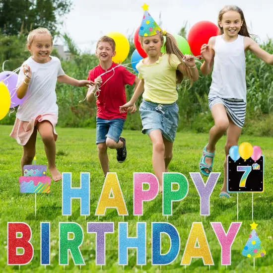 16 Pcs Happy Birthday Yard Signs with Stakes, 32.8 ft LED Lights, 42 Pcs Number Stickers, 13.4 Inch Letters Signs for Birthday Party Supplies Yard Lawn Outdoor Decoration(Colorful) {3}