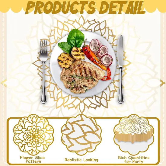 50PCS Disposable Gold White Metallic Round Paper PlaceMats Round Floral Charger Table Mat Table Setting Mat Pressed Paper Round Place Mats for Wedding Birthday Party Dining Table Decor Supplies {3}