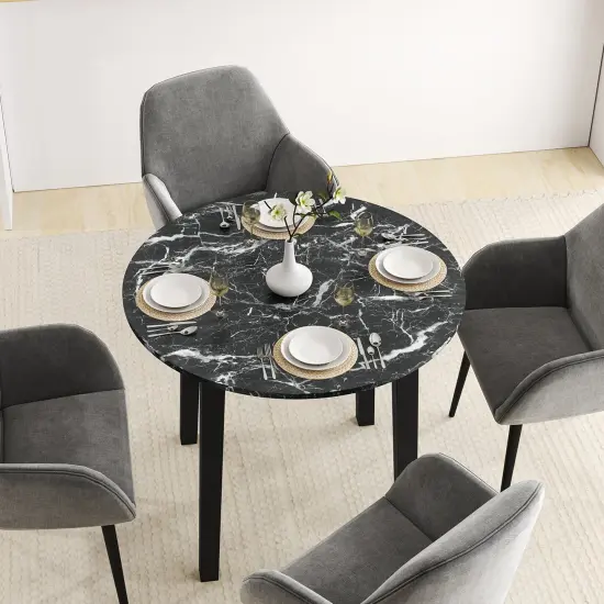 Rubber Wood Round Dining Table with Marble Top, Safe Corners and Easy Assembly Black {6}