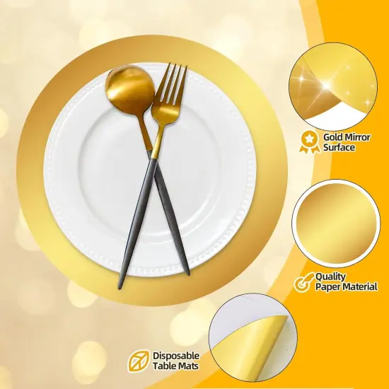 50 Pieces Gold Paper Placemats Round Disposable Glitter Table Mats Mirror Foil Decorative Place Mats for Wedding Holiday Party Christmas Dining Table Decor {4}