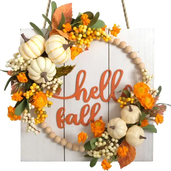 Hello Fall Sign Wreath for Front Door (Orange) {1}