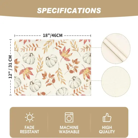 Set of 2 Maple Leaf Pumpkin Fall Placemats - 12x18 Inch (Beige/Orange) {5}