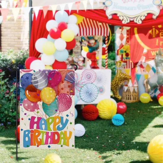 Happy Birthday Garden Flags for Outside 12x18 Double Sided Burlap, Colorful Balloon Personalized Banner Farmhouse Yard Sign Birthday Party Decorations DF575 {5}