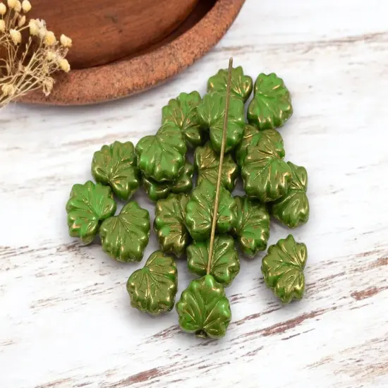 *20* 10x13mm Gold Lustered Olive Green Maple Leaf Beads {3}