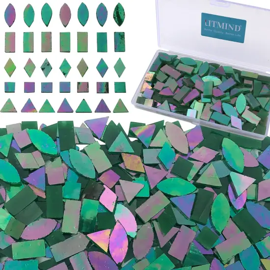 LITMIND Iridescent Glass Mosaic Tiles for Crafts, 240 Pieces 5 Shapes Mixed Green Stained Glass Pieces, Mosaic Kits for Adults (Iridescent Green) {1}